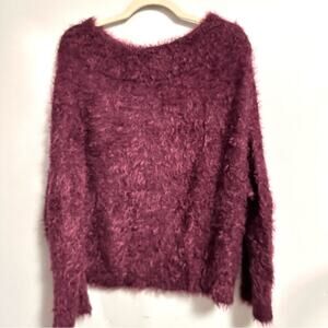 Express Off Shoulder Fuzzy Eyelash Long Sleeve Sweater Burgundy Womens Medium